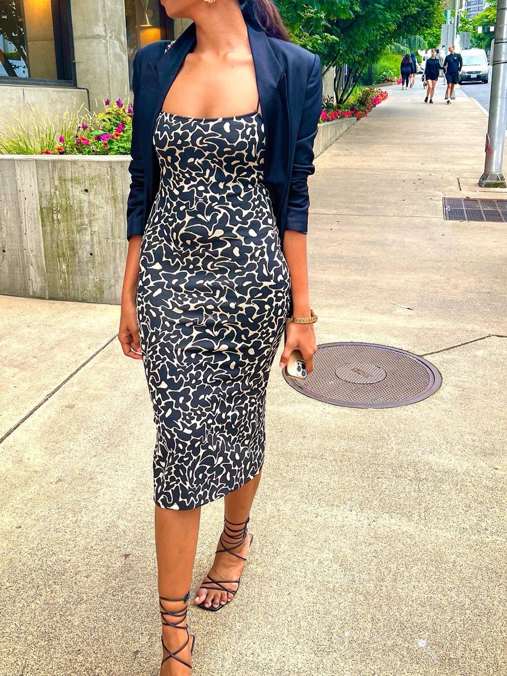 Zara Black & Cream Print Square-Neck Midi Dress